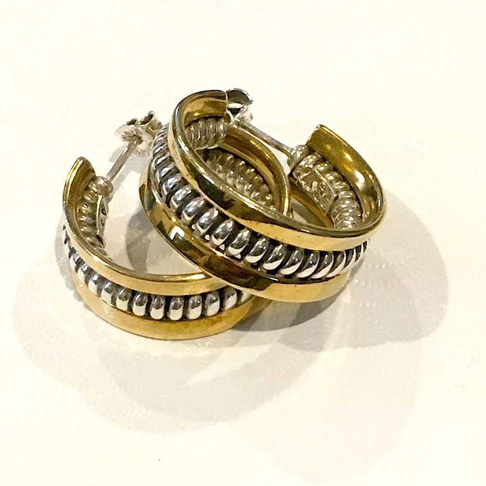 SILPADA Sterling Silver 925 Two Tone Hoop Earrings P0382 - Picture 5 of 16